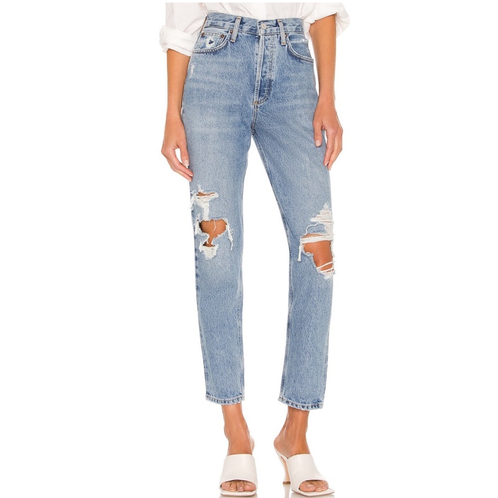Agolde Light Blue Distressed High-Rise Straight Jeans